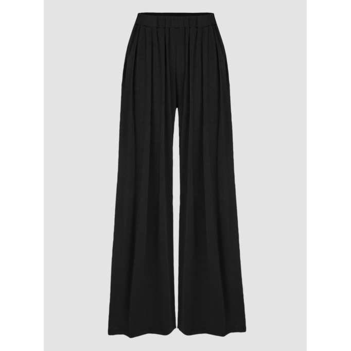 Solid Elastic Waist Wide Leg Pants
