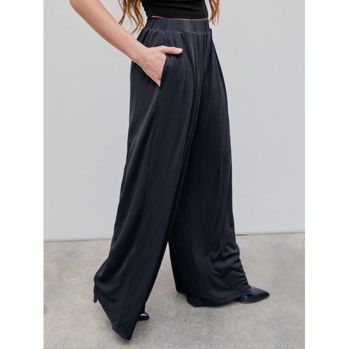 Solid Elastic Waist Wide Leg Pants