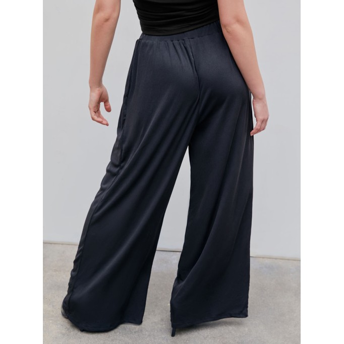 Solid Elastic Waist Wide Leg Pants