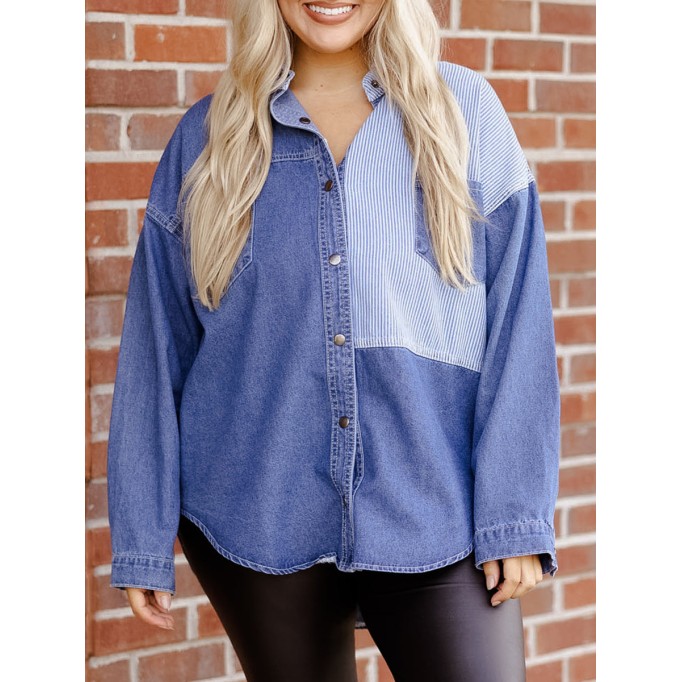 Spliced striped fabric pocket denim shirt