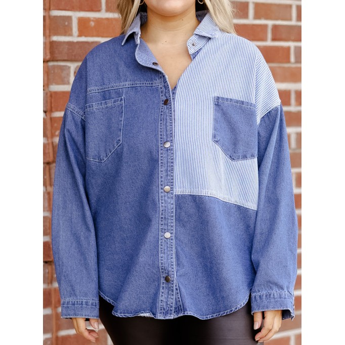 Spliced striped fabric pocket denim shirt