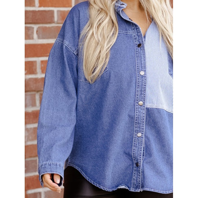 Spliced striped fabric pocket denim shirt