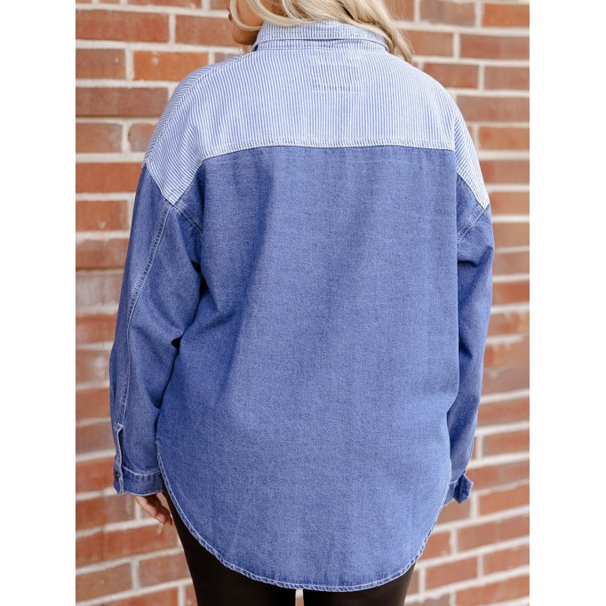 Spliced striped fabric pocket denim shirt
