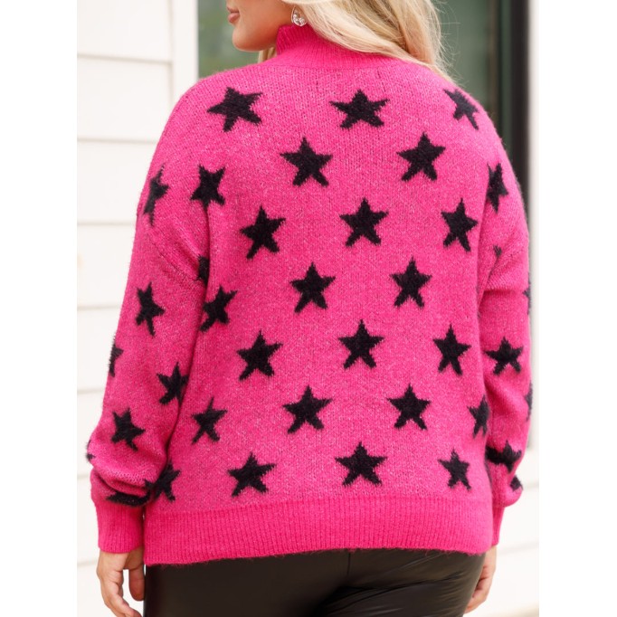 Star patterned rose red loose knit sweater