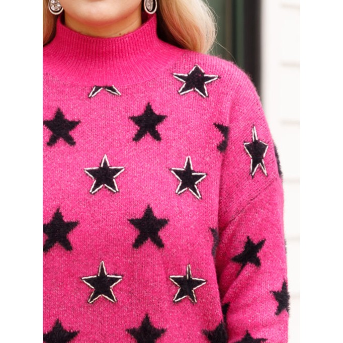 Star patterned rose red loose knit sweater