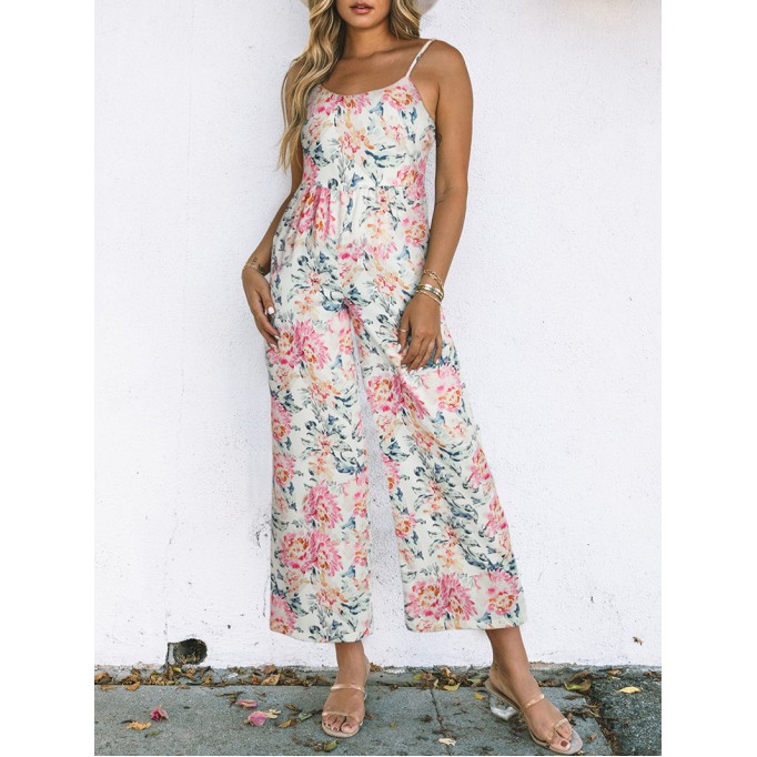 Strap floral casual jumpsuit