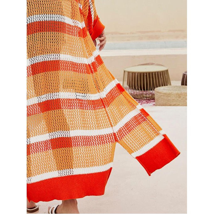 Striped Open Front Side Slit Duster Cover Up