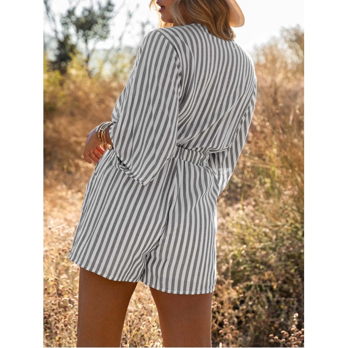 Striped pleated hem off shoulder casual jumpsuit shorts