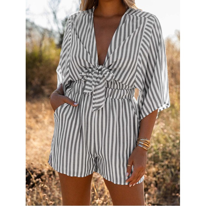 Striped pleated hem off shoulder casual jumpsuit shorts