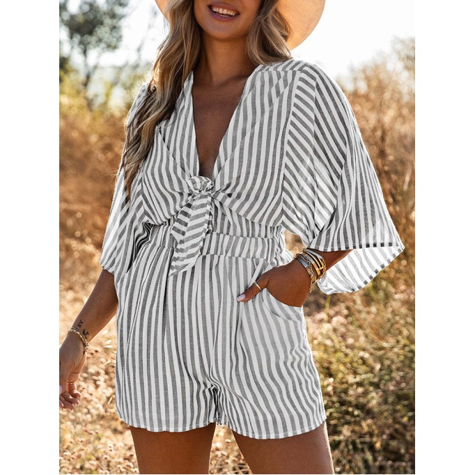 Striped pleated hem off shoulder casual jumpsuit shorts
