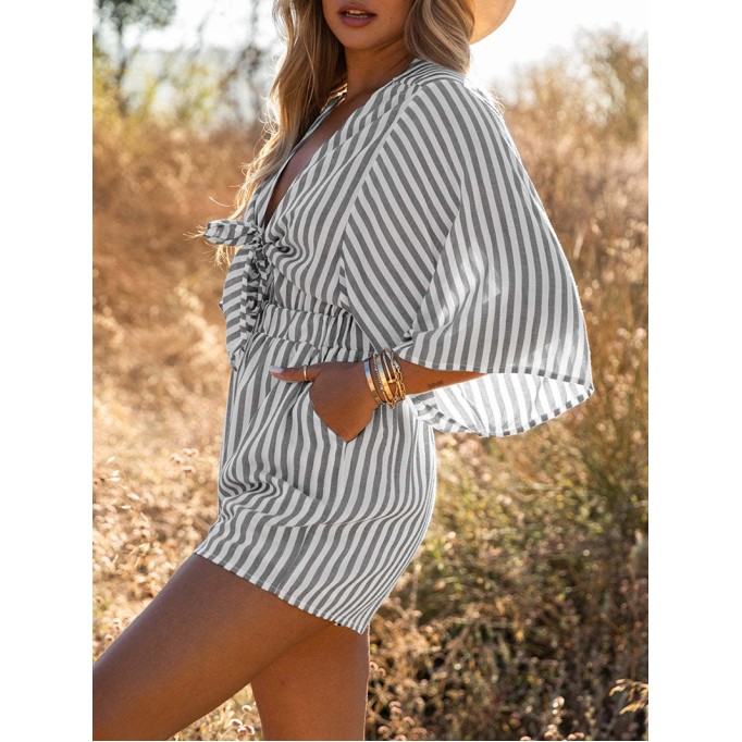 Striped pleated hem off shoulder casual jumpsuit shorts