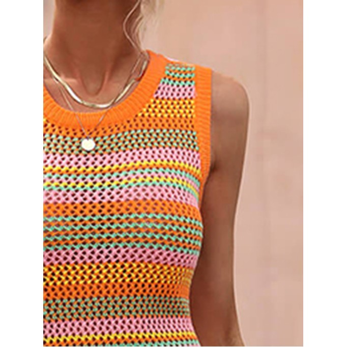 Striped Round Neck Sleeveless Midi Cover Up Dress
