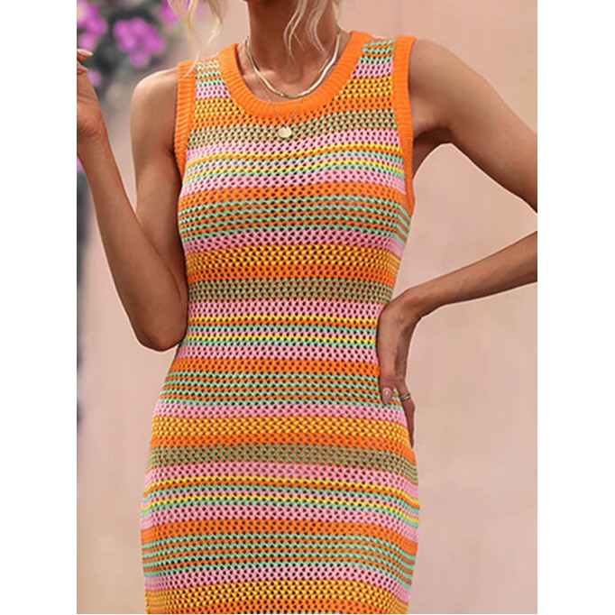Striped Round Neck Sleeveless Midi Cover Up Dress