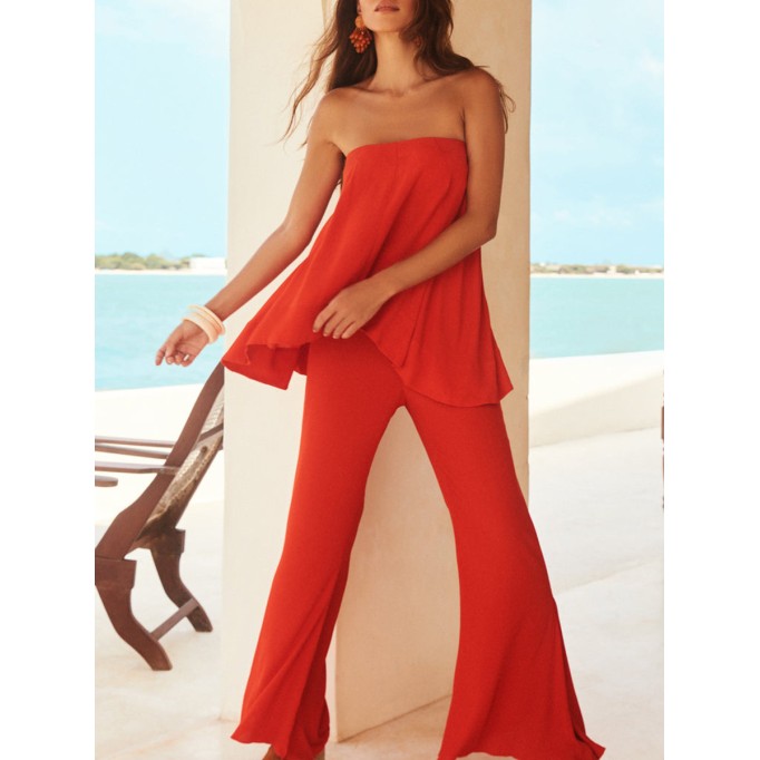 Summer red ladies holiday top + Pants 2 piece set
