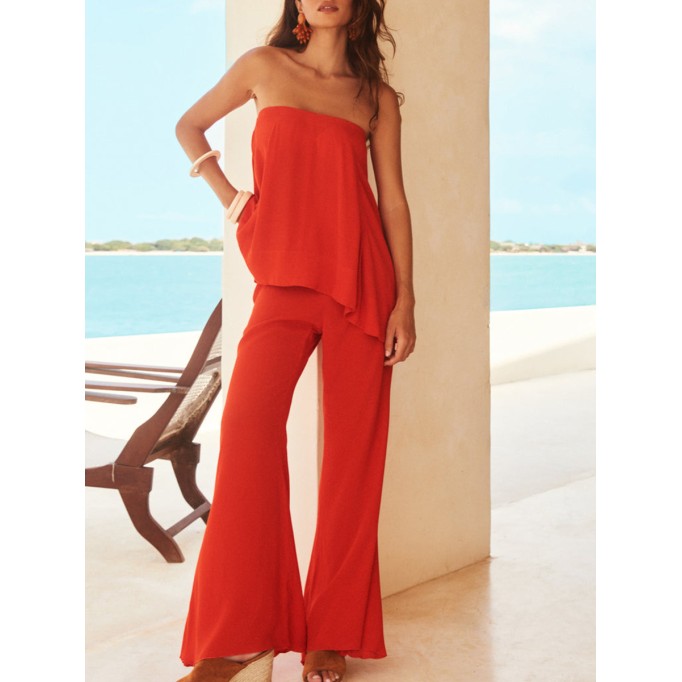 Summer red ladies holiday top + Pants 2 piece set