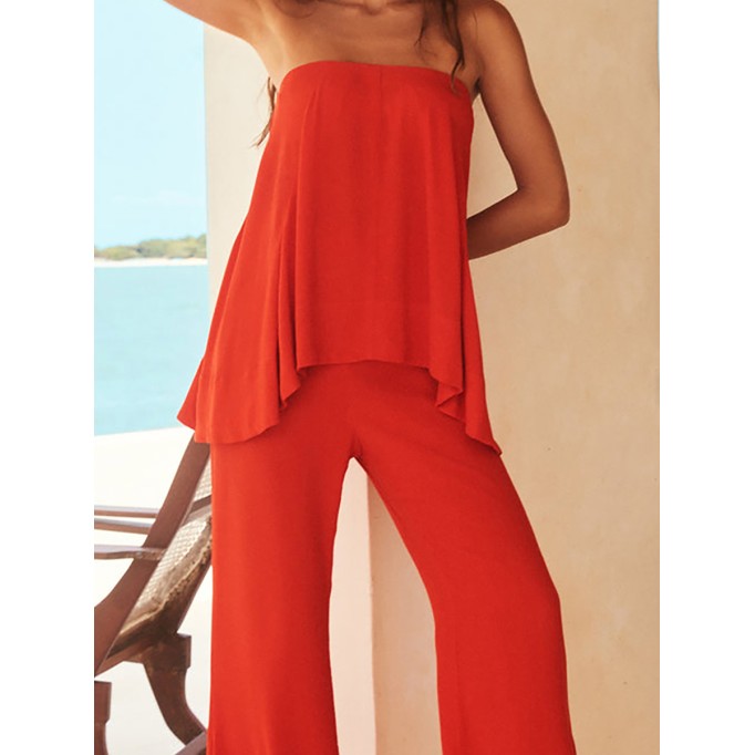 Summer red ladies holiday top + Pants 2 piece set