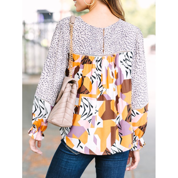 Taupe mixed print long-sleeve shirt