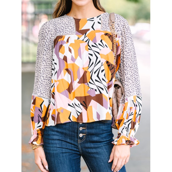 Taupe mixed print long-sleeve shirt