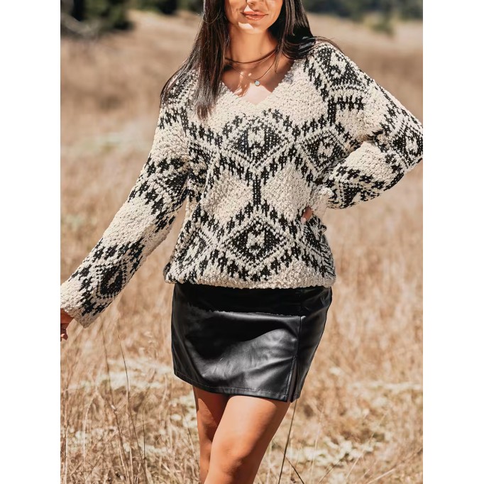 V-neck abstract diamond sweater