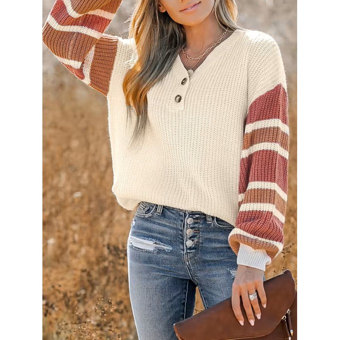 V-neck button-down striped sweater