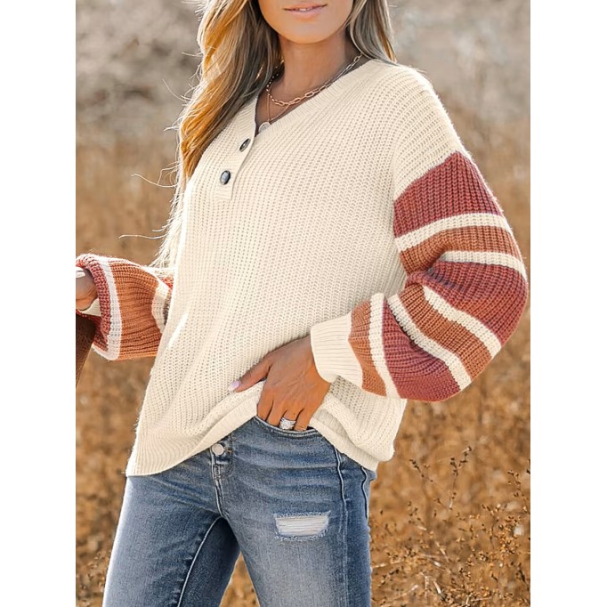 V-neck button-down striped sweater