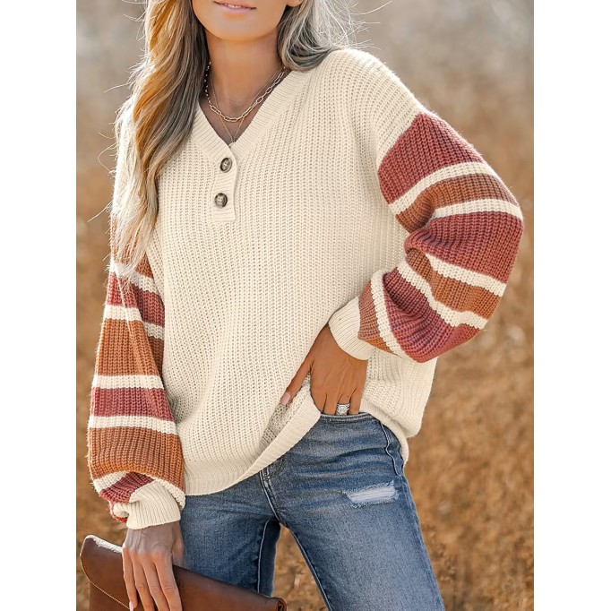 V-neck button-down striped sweater