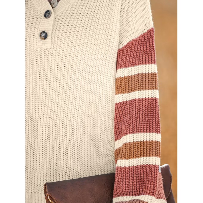 V-neck button-down striped sweater