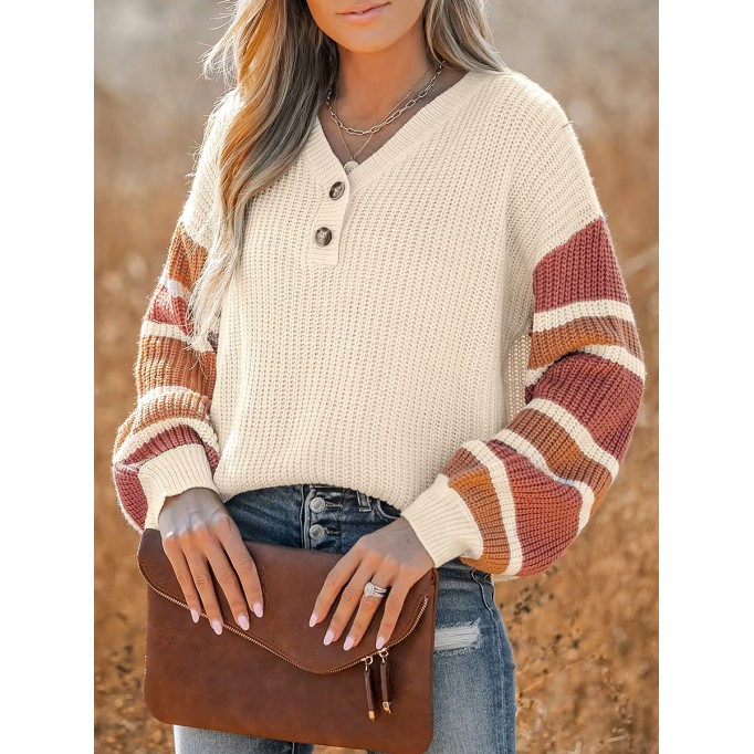 V-neck button-down striped sweater