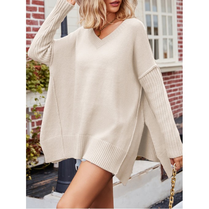 V-Neck Dropped Shoulder Ribbed Long Sleeve Sweater