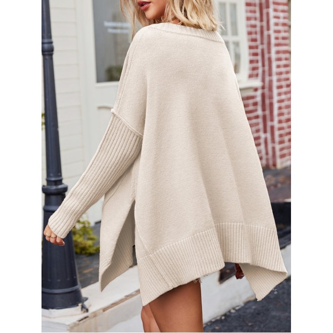 V-Neck Dropped Shoulder Ribbed Long Sleeve Sweater