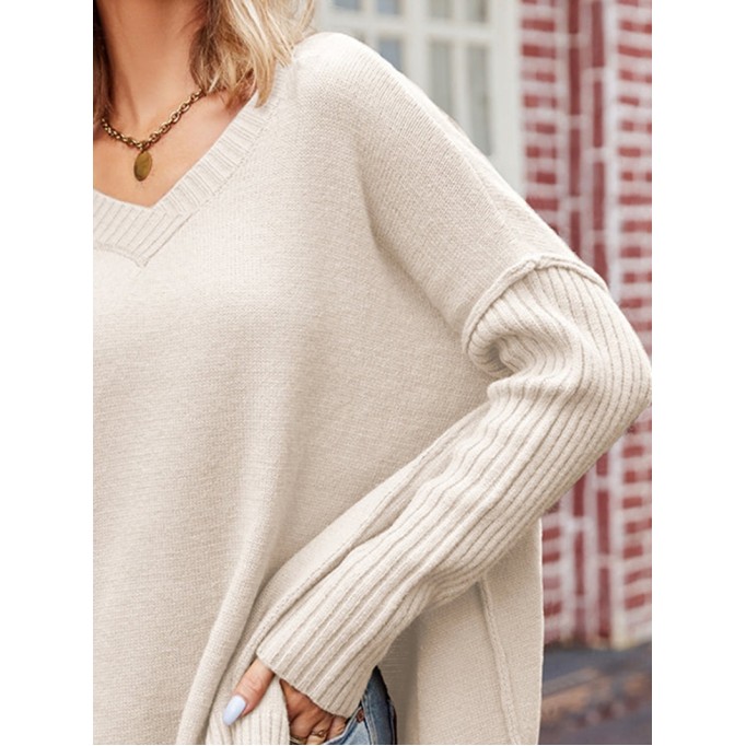 V-Neck Dropped Shoulder Ribbed Long Sleeve Sweater