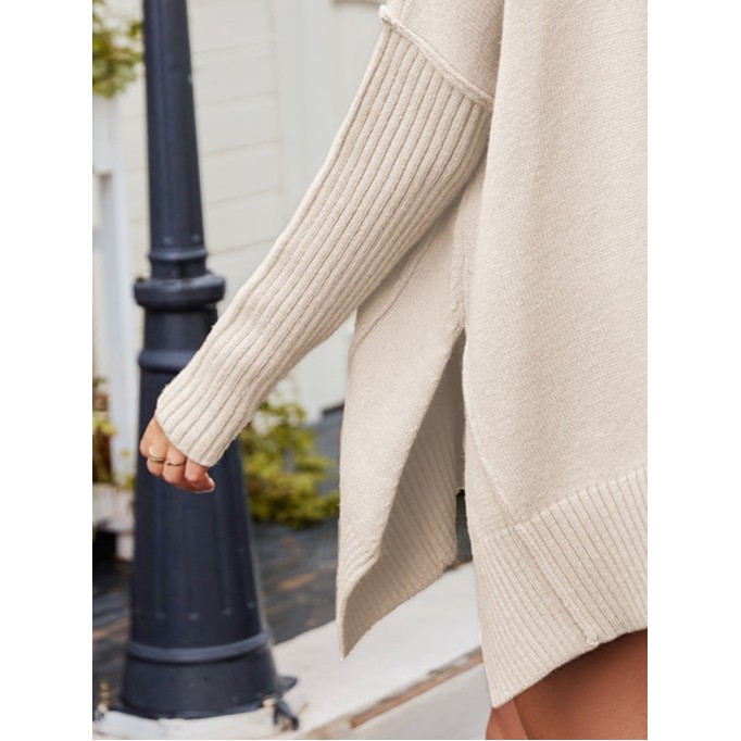 V-Neck Dropped Shoulder Ribbed Long Sleeve Sweater
