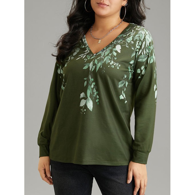 V-neck long sleeve position printed T-shirt