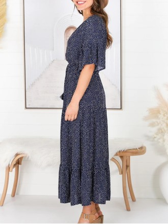 V-neck polka dot print fringe lace-up dress