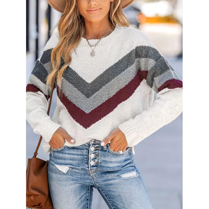 V-shaped crew neck striped plush sweater