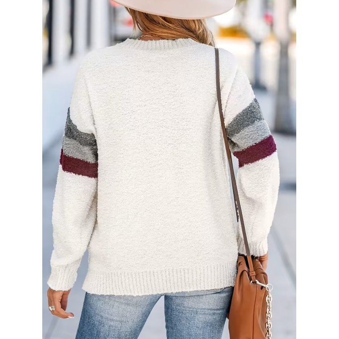 V-shaped crew neck striped plush sweater
