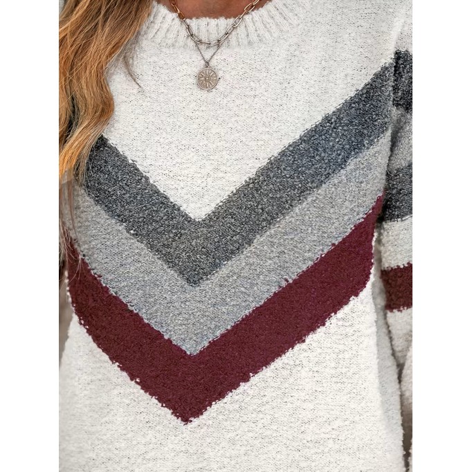V-shaped crew neck striped plush sweater