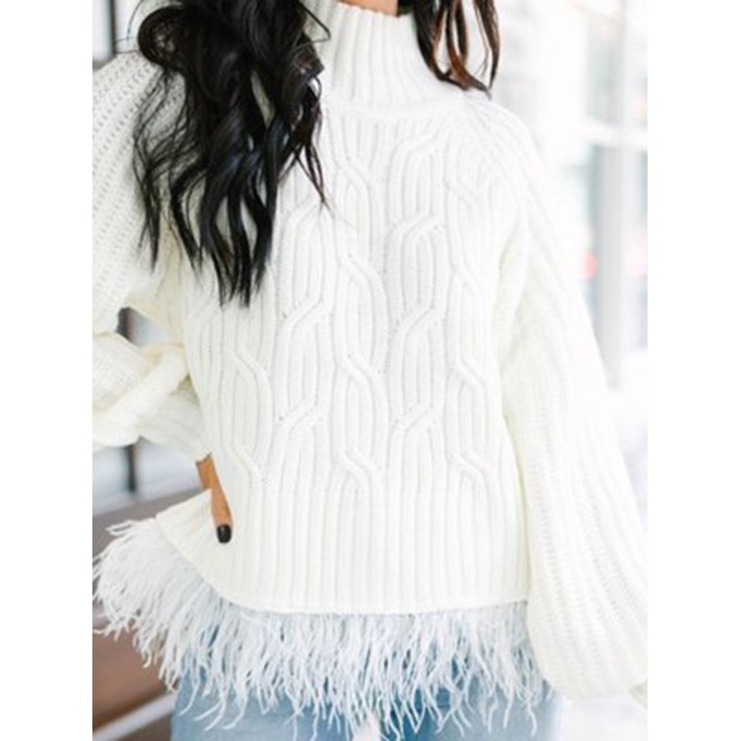 Cream White Feather Trim Sweater