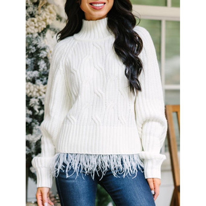 Cream White Feather Trim Sweater