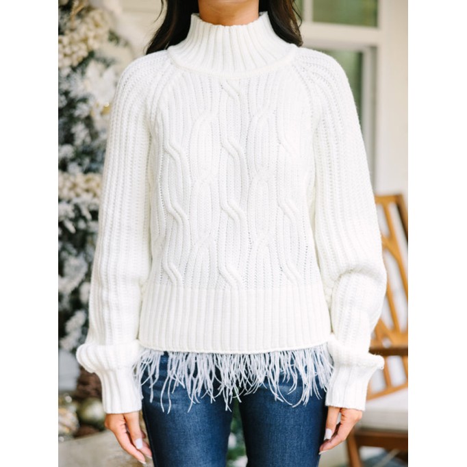 Cream White Feather Trim Sweater