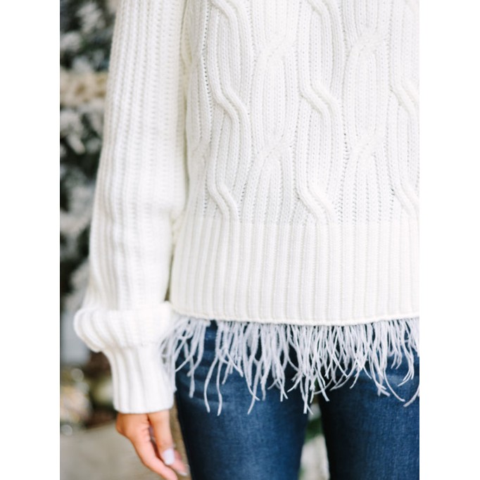 Cream White Feather Trim Sweater
