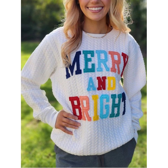White Merry And Bright Cable Knit Pullover Sweatshirt