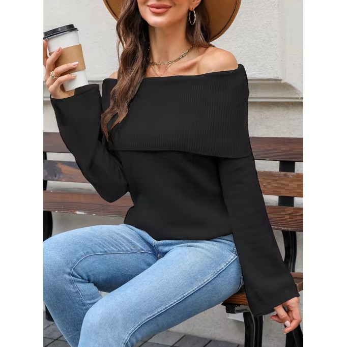 Women's black folded off-shoulder sweater