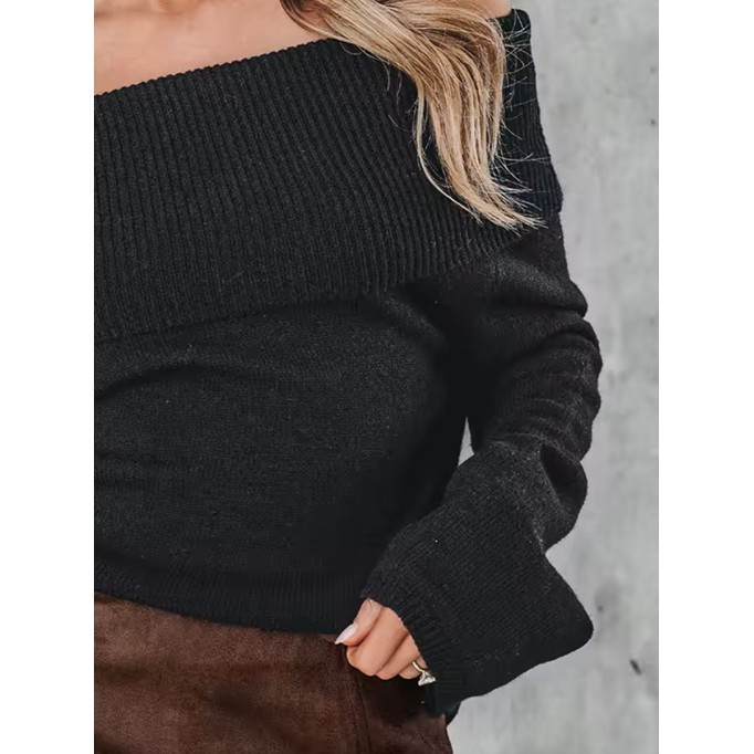 Women's black folded off-shoulder sweater