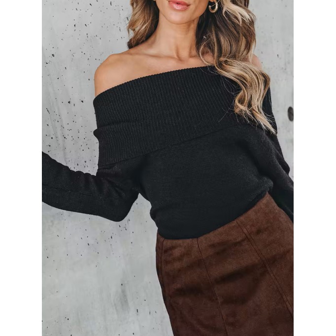 Women's black folded off-shoulder sweater