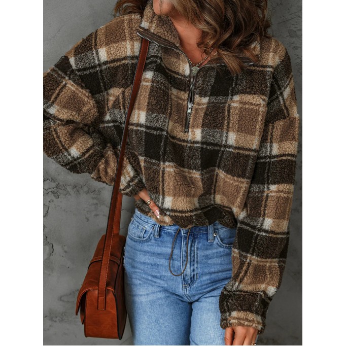Women's casual plaid sherpa sweatshirt