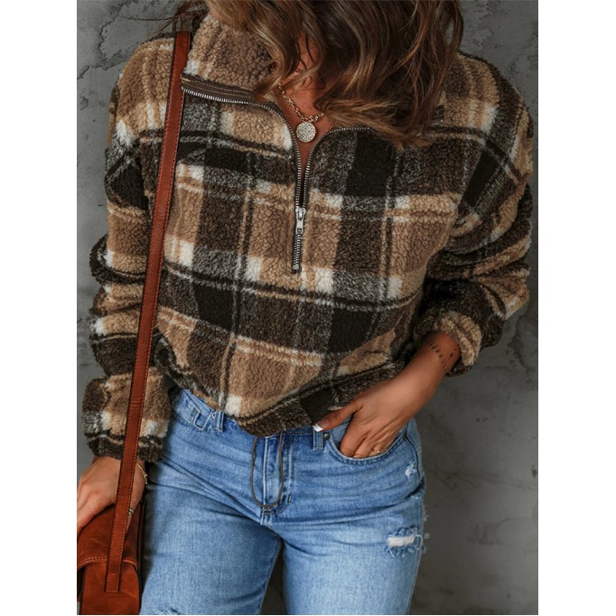 Women's casual plaid sherpa sweatshirt