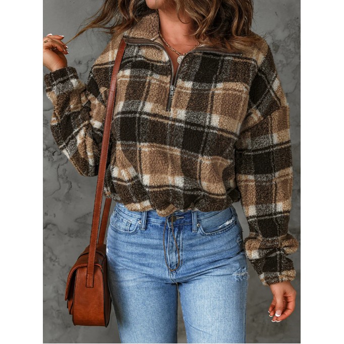 Women's casual plaid sherpa sweatshirt