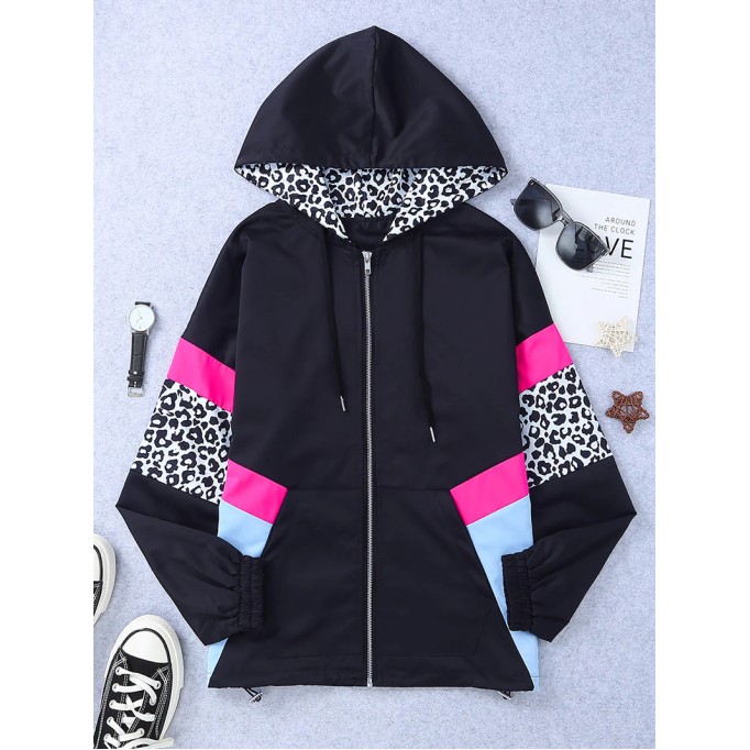 Women's contrasting leopard print zipped jacket