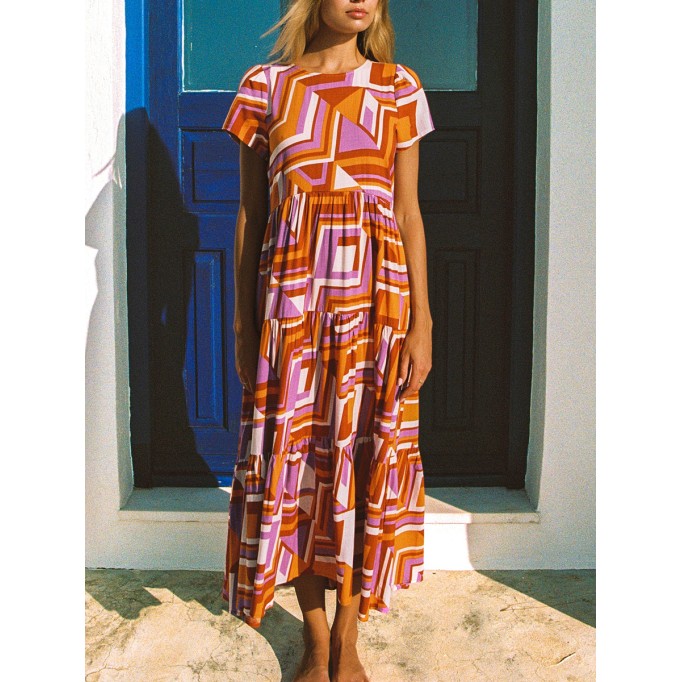 Women's crew-neck pullover short sleeve holiday print dress